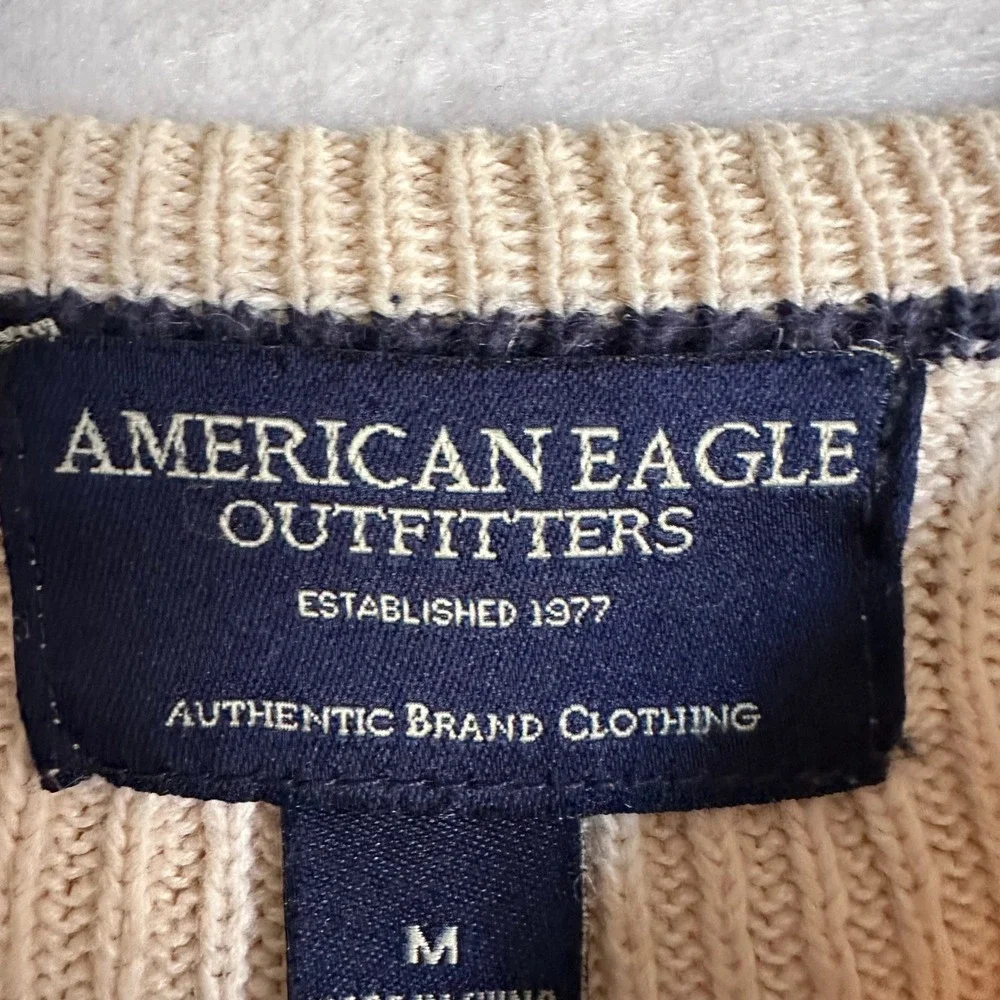 American Eagle Mens M Cream Ribbed Knit Striped Crewneck Sweater Ramie Cotton